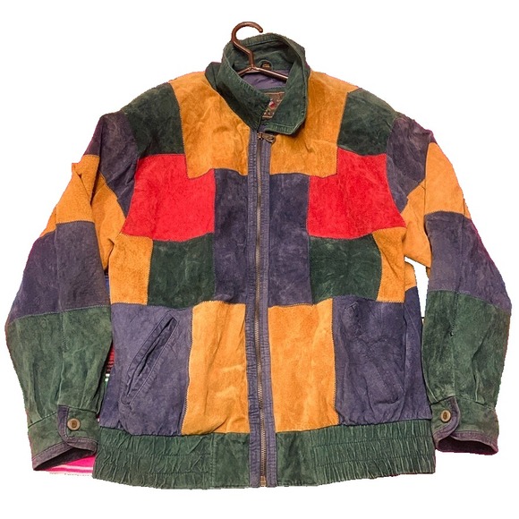 French Country Other - Vintage Patchwork Leather Bomber Jacket Men's M Colorful 80s 90s Lined Korea